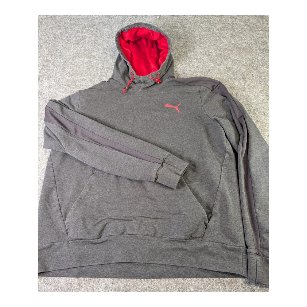 Puma Mens XL Gray Red Mesh Lined Pullover Hoodie Sweatshirt 838317